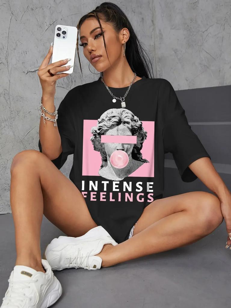 Unisex INTENSE FEELINGS Street Hip Hop Female T-Shirts Loose Oversize Short Sleeve Soft Soft Tops Summer Breathable Tee Clothing