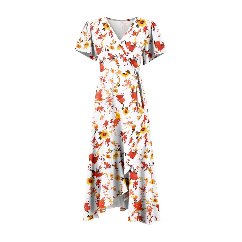 Women's V-Neck Waisted Floral  Print Short Sleeve Dresses
