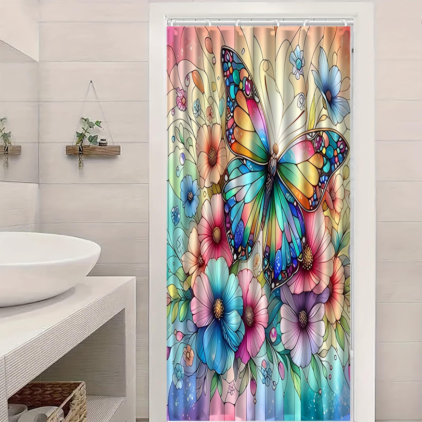 

Stained Glass Butterfly Shower Curtain Rainbow Colors Floral Art Waterproof Bath Decor Vibrant Boho Design W60H190(CM)-1 Pcs