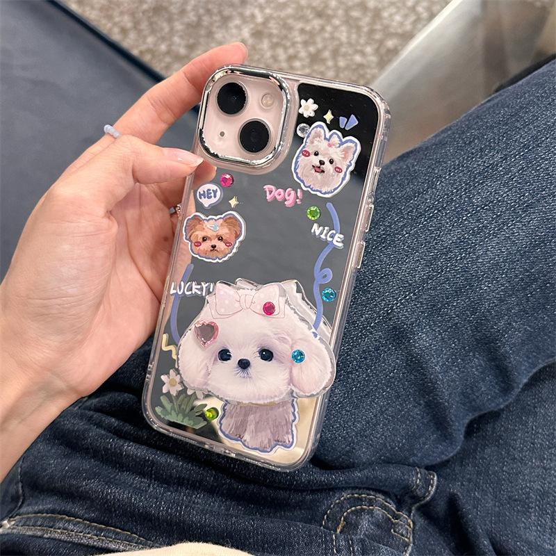 Cute mirror puppy bracket for iphone11Promax iPhone 11 mobile phone case 11/11/11 sticker drill girl