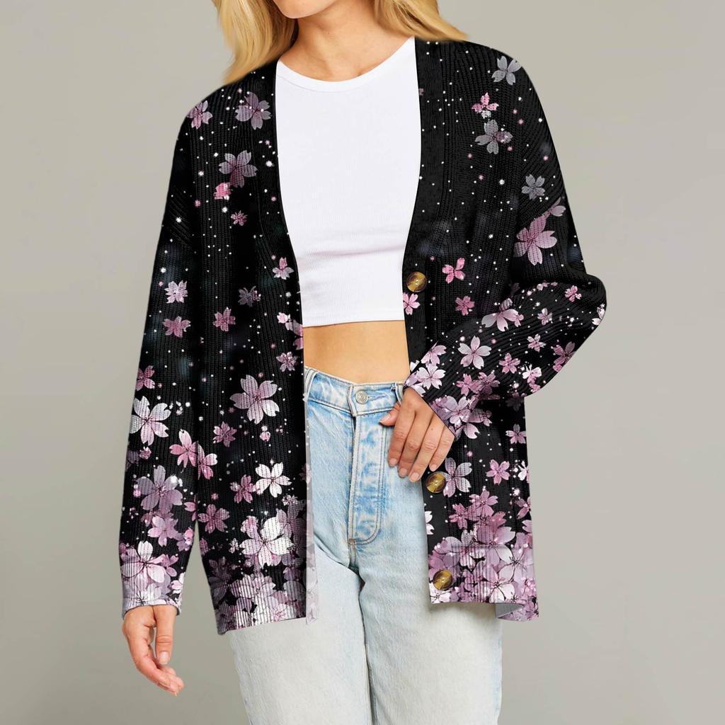 Women's Fashion Long Sleeve Print V-Neck Button Loose Cardigan Top