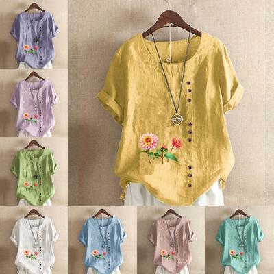 Women's Fashion Flowers Prined Round Neck Short Sleeve T-shirt Casual Cotton Linen Graphic Shirt Leisure Loose Summer Blouse Tops