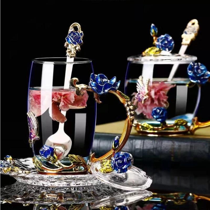 Uropean Enamel Rose Glass Cup Set with Hand-Carved Floral Design – Vintage Luxury Coffee & Tea Cups