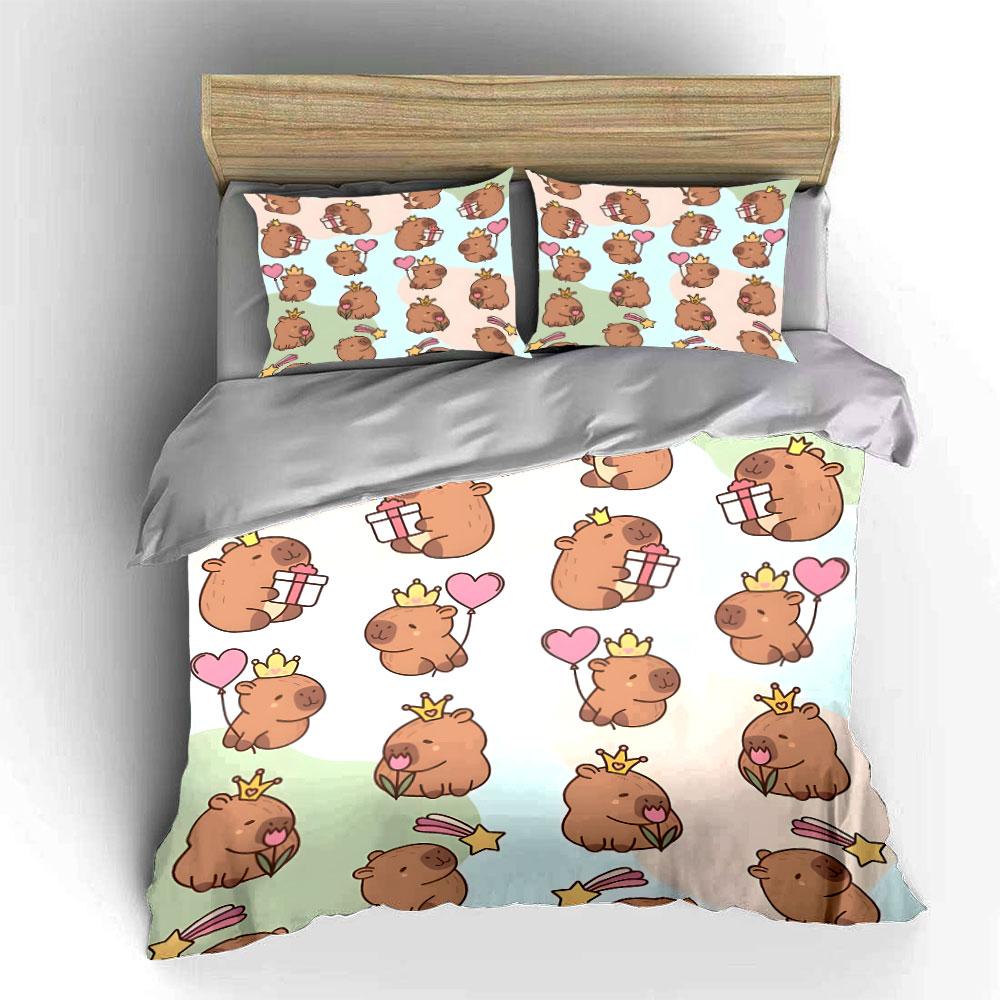 Cute Capybara Crown Pattern Bedding Duvet Cover Set (1*Duvet Cover 2*Pillowcases, Without Duvet Insert)