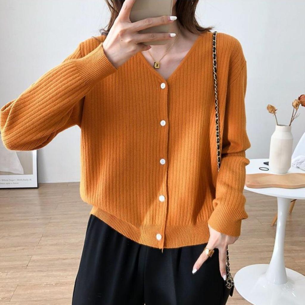 Korean Style V-Neck Ribbed Knit Cardigan for Women - Soft, Slimming, Versatile, Loose Fit, Long Sleeve, 2026 Spring Collection.