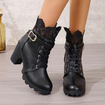 Fashion Great Quality Block High Heels Women Ankle Boots White Shoes Lace Decor Lace Up Chunky Heeled Fashion Platform Boots 2024