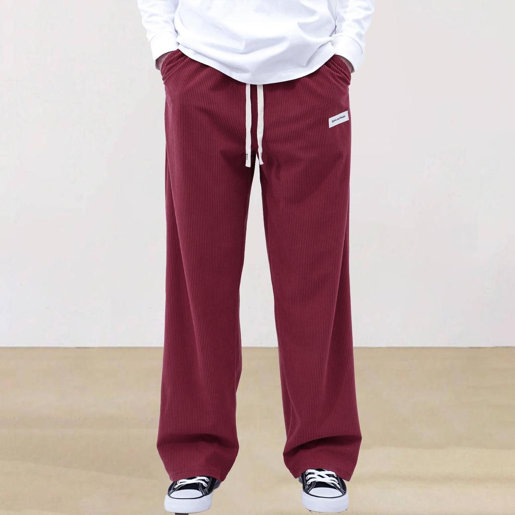 Men's Corduroy Drawstring Sweatpants - Solid Color, Straight-Leg, Cool, High-End, Wide-Leg, Long Pants.