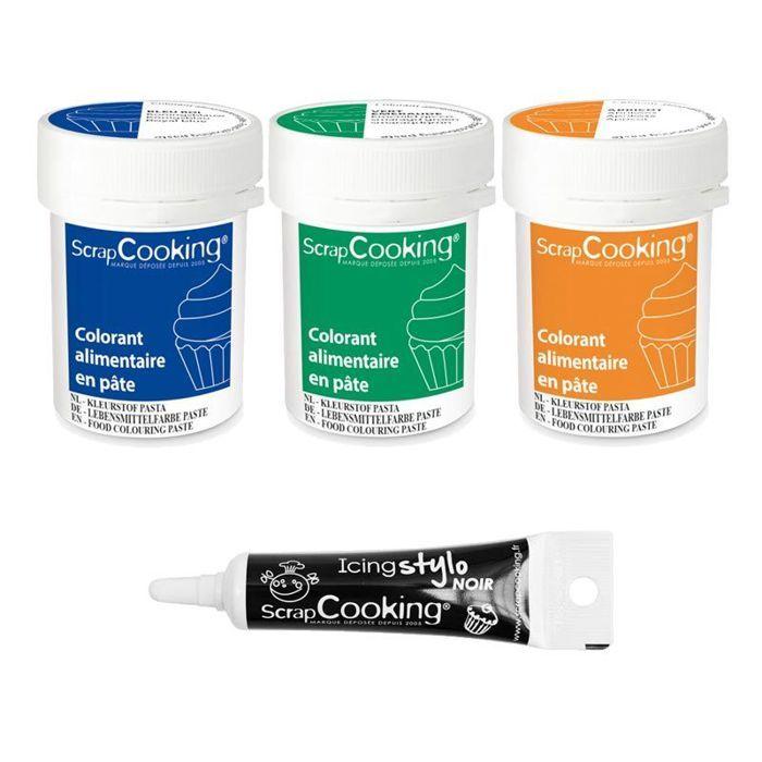 3 colorants alimentaires en pâte abricot-émeraude-bleu roi + Stylo de glaçage noir