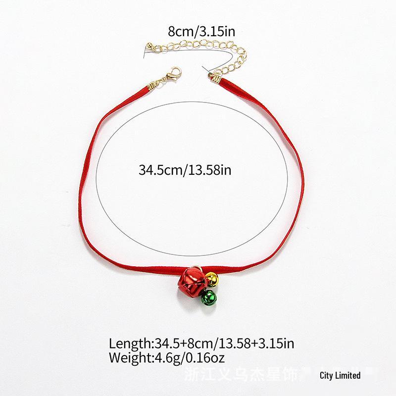 Classic Holiday Choker Necklace: Red Velvet Ribbon with Red, Yellow, Green Bells