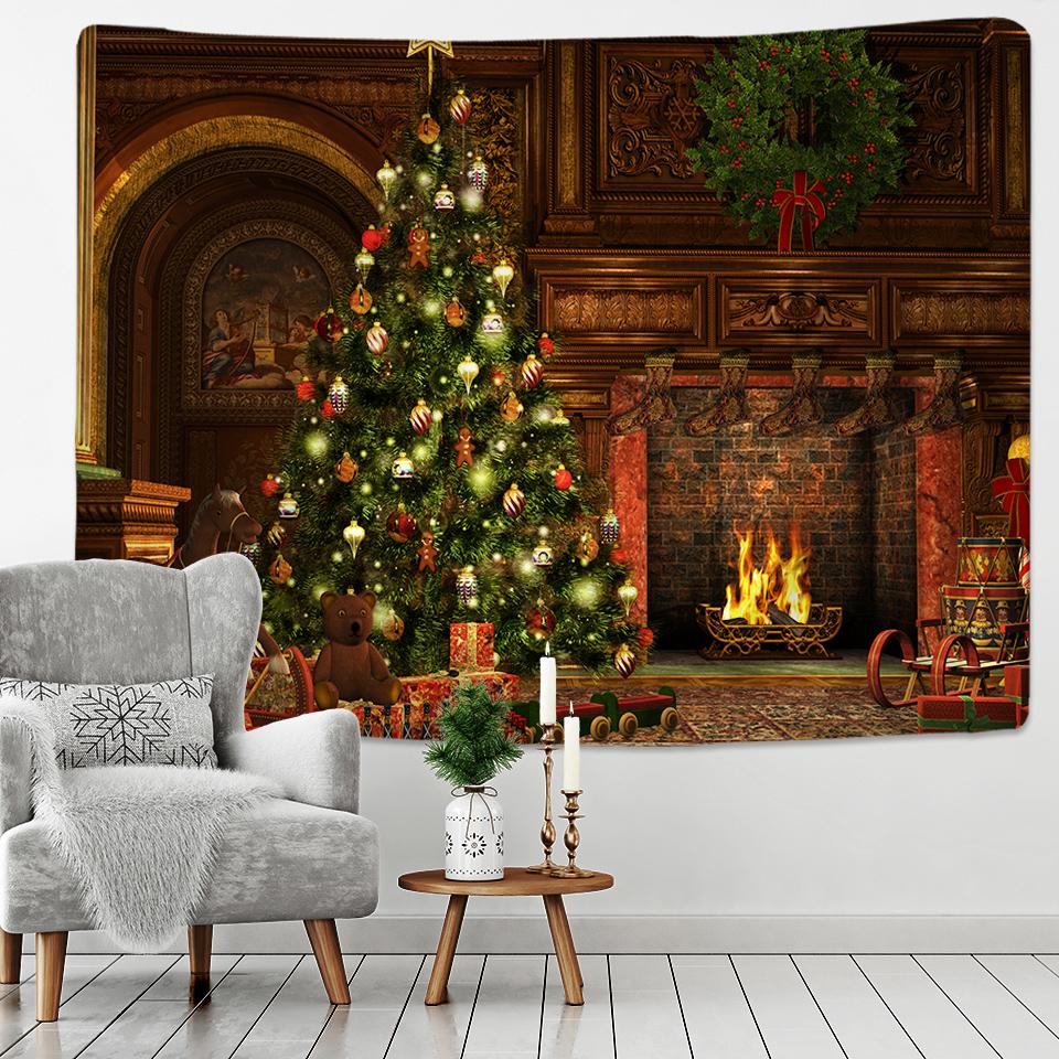 Home Room Living Room Decoration Gift Christmas Tapestry Christmas Tree and Fireplace Cozy Home Wall Hanging Background
