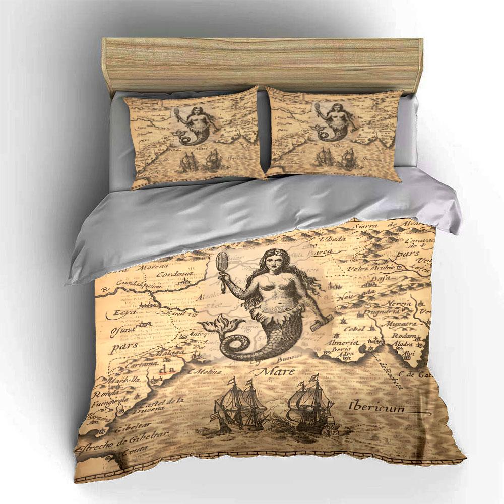Vintage Mermaid Map Design Bedding Duvet Cover Set Duvet Cover Pillowcases (1*Duvet Cover 2*Pillowcases, Without Duvet Insert)