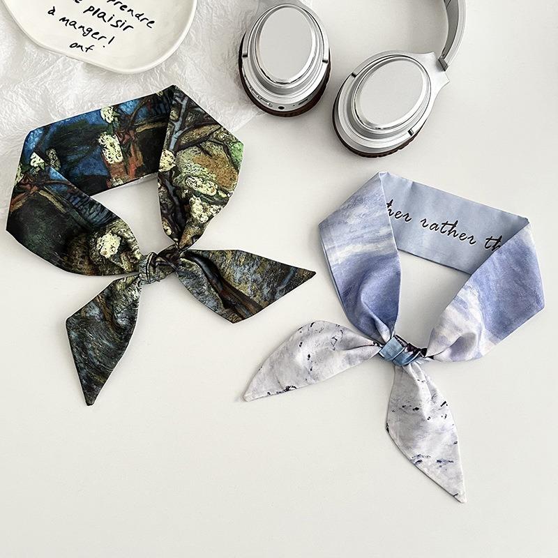 Blue silk scarf, long strip, new fashion, oil painting style, bow, headband, braided hair, tied bag, streamer, multi-purpose waist silk scarf.