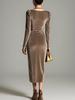 Velvet Long Sleeve Slim Pleated Slit Dress