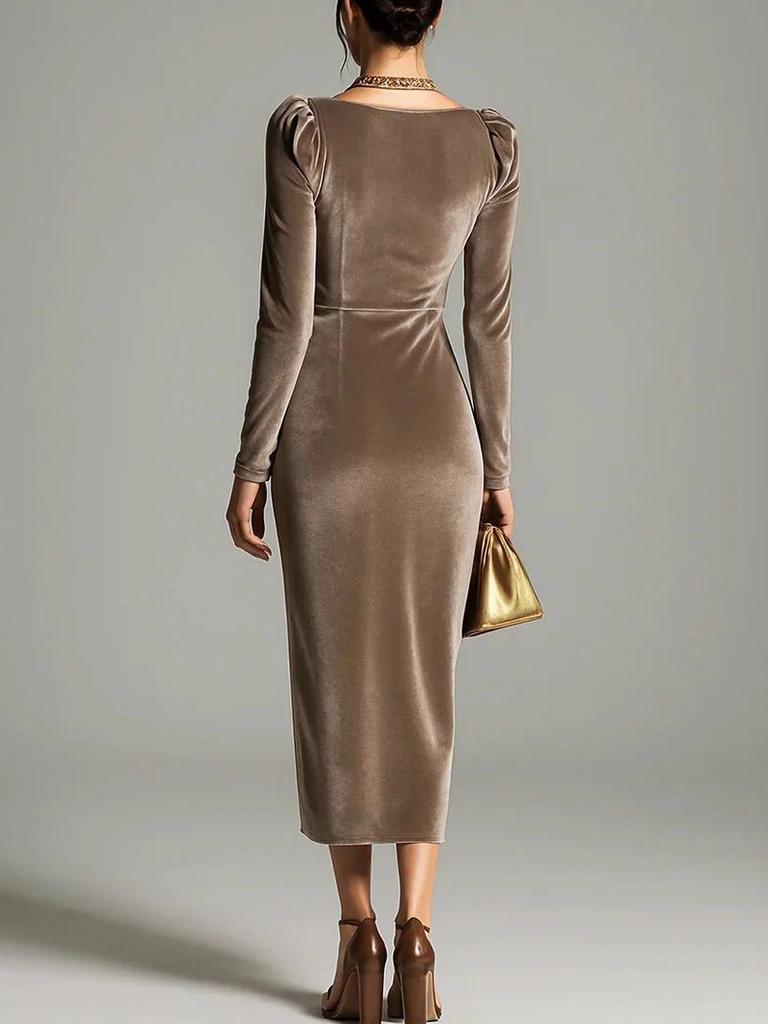 Velvet Long Sleeve Slim Pleated Slit Dress
