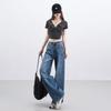 Spring Summer Vintage High Waist Relaxed Floor Drape Saber Cut Trendy Wide Leg Denim Pants Ladies Casual Pants Oversize Denim Trousers