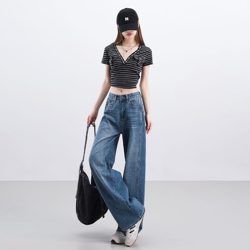 Spring Summer Vintage High Waist Relaxed Floor Drape Saber Cut Trendy Wide Leg Denim Pants Ladies Casual Pants Oversize Denim Trousers