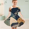 Girls Round Neck Short Sleeve Abstract Floral Printed A Line Flared Dress