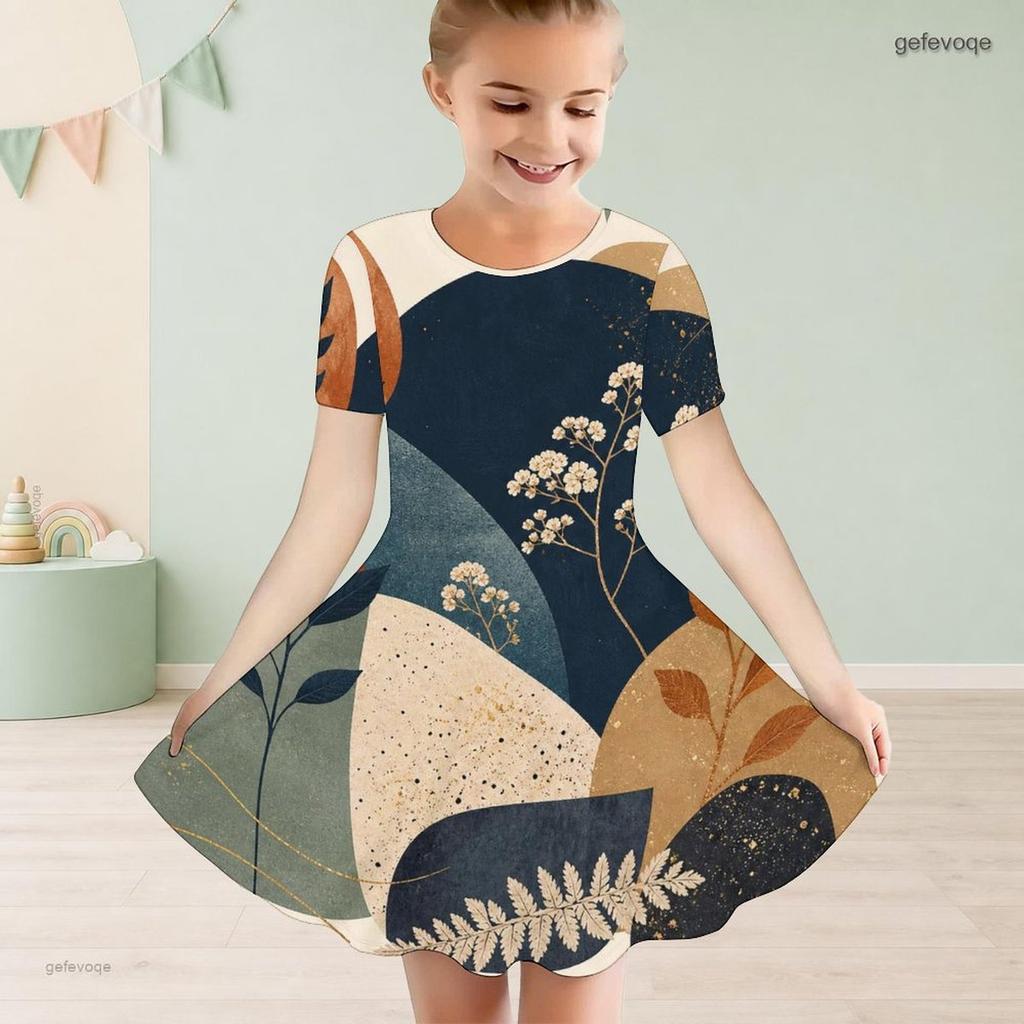 Girls Round Neck Short Sleeve Abstract Floral Printed A Line Flared Dress