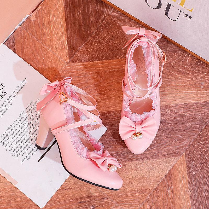 Japanese Soft Girl Mary Jane Shoes Thick Heel High Heel Lolita Sandals Lace Bow Girl Shoes Student Shoes Single Shoes