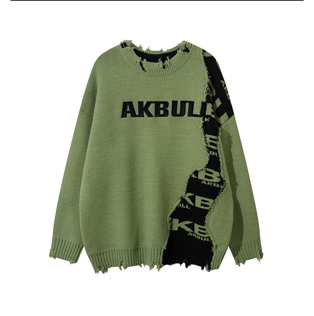 Unisex Color Block Distressed Knit Cardigan - Autumn/Winter Loose Fit Sweater