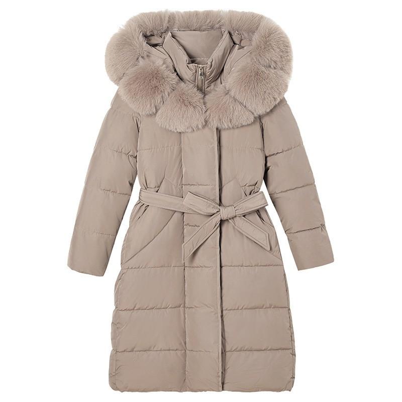 Womens Long Puffer Coat With Faux Fur Trim Hood Knee-Length Warm Winter Jacket Slim Fit Drawstring Waist