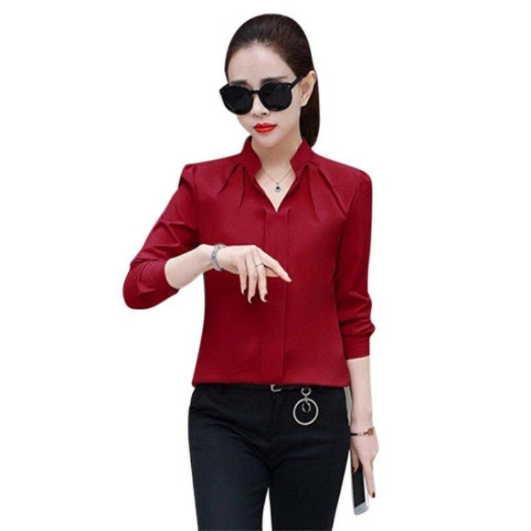 Elegant Sexy Women's White Chiffon Blouse Long Sleeve V Neck Office Shirt Summer Female Top