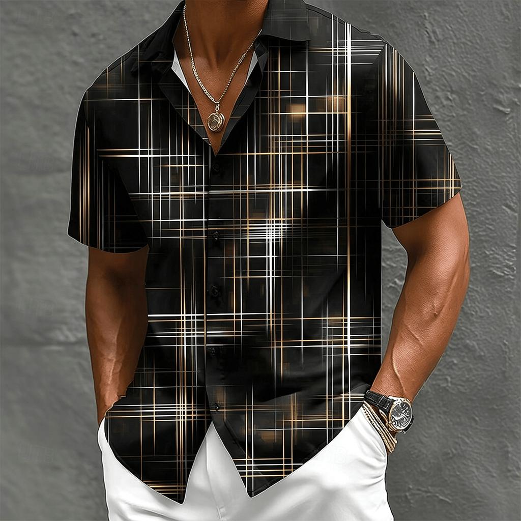 Men's Abstract Geometric Line Print Shirt,  Beach Vacation Casual Wear for Men