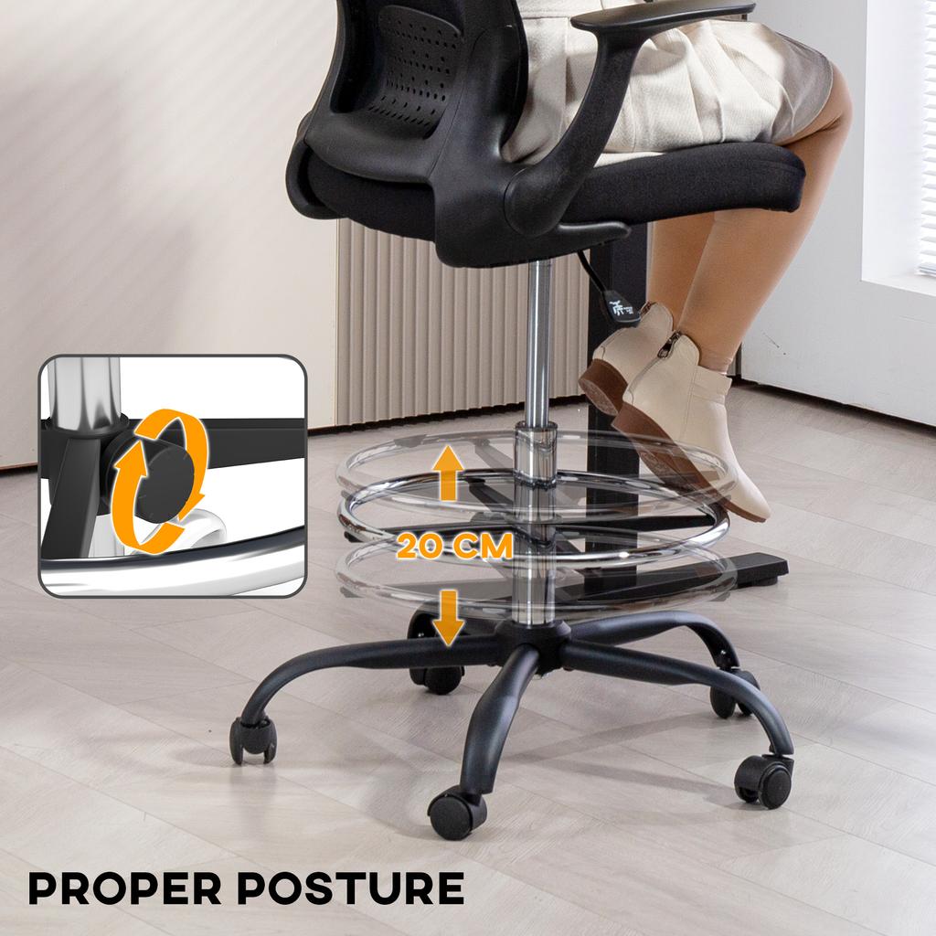 Draughtsman Chair, Mesh Drafting Chair, Ergonomic Office Chair with Flip-up Armrest, Adjustable Foot Ring, Black