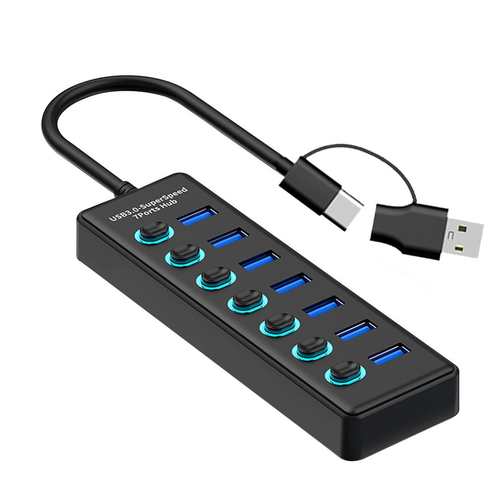 KEBIDUMEI USB HUB 7 Ports USB3.0 Splitter 5Gbps with Individual Switch Power Adapter for Laptop USB Ports Extender USB-C Docking