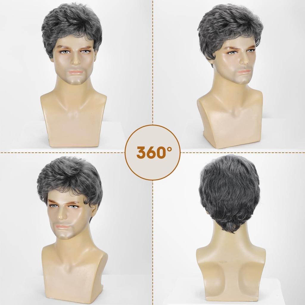 Men's Fashion Business Wig, Black-Grey Curly High-Temperature Fiber Hairpiece