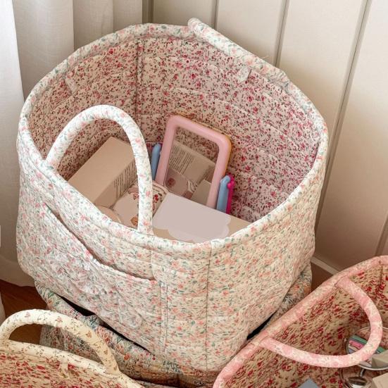 Boho Fabric Laundry Basket Floral Print Quilted Storage Basket Portable Folding Basket Bag with Handles for Home Clothes And Sundries