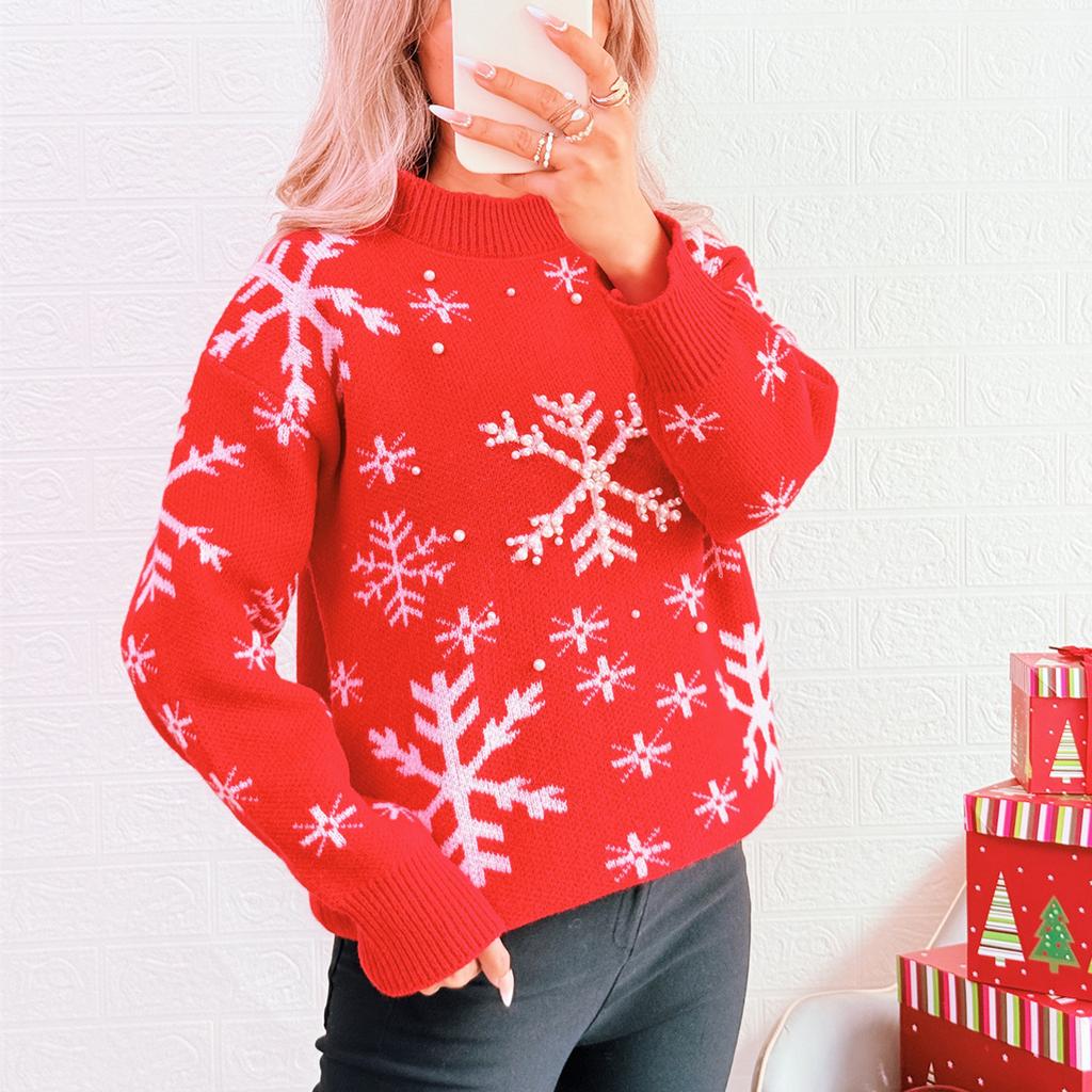 Women's Fashionable Long Sleeved Christmas Pullover Round Neck Casual Sweater Top