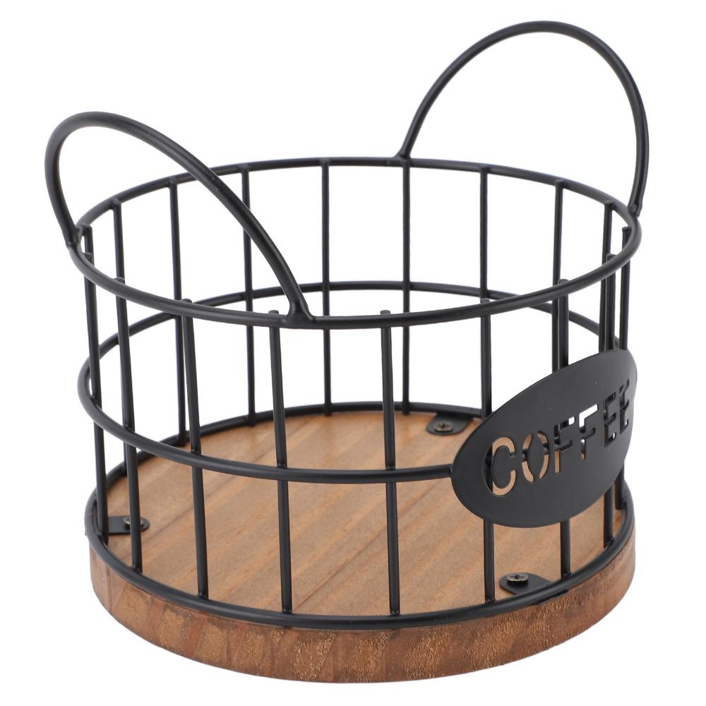 Round Iron Wire Coffee Pod Basket Wooden Base Large Capacity Coffee Capsule Holder Metal Wire Black Coffee Pods Storage Basket