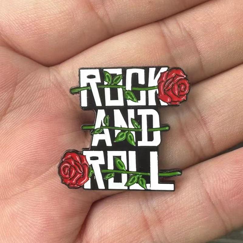 "Rock and Roll" Funny Rose Flower Letter Brooch Badge for Backpacks and Hats Unique Gift Accessory