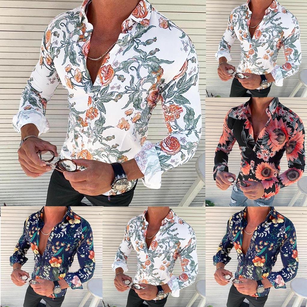 Men's Causal Long Sleeve Flower Printed 