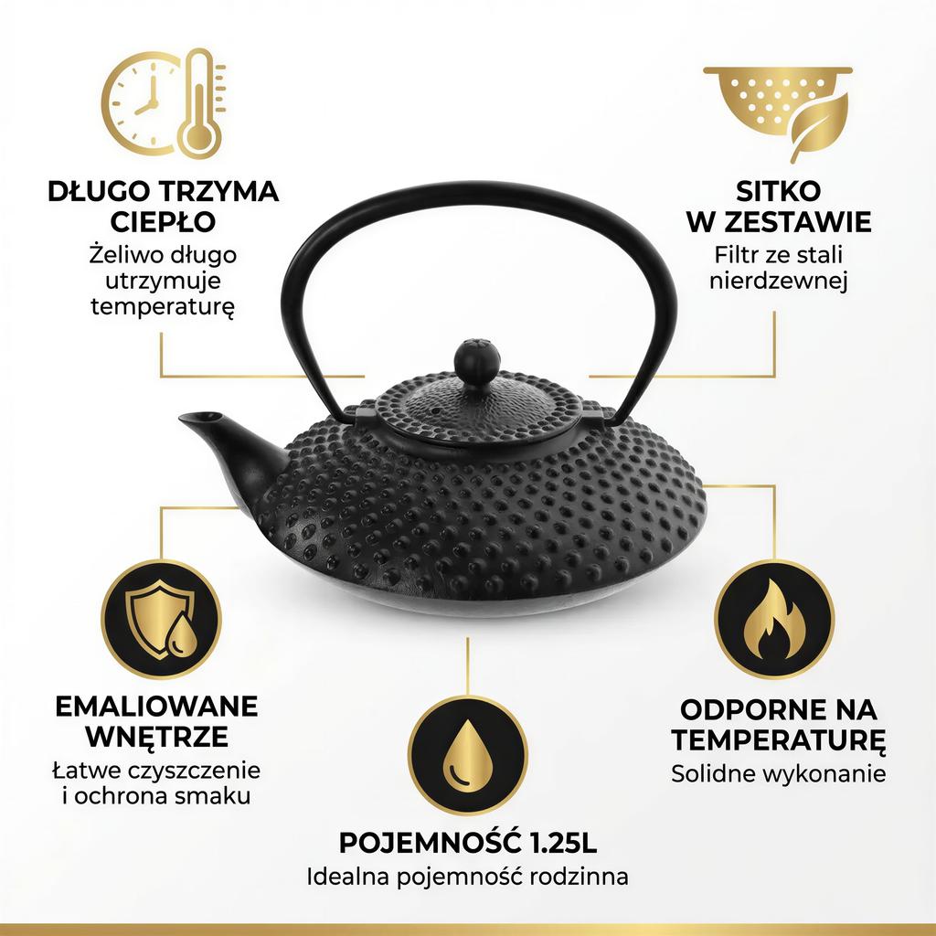 CAST IRON KETTLE 1.25L BLACK STEEL INFuser for Tea and Herbs