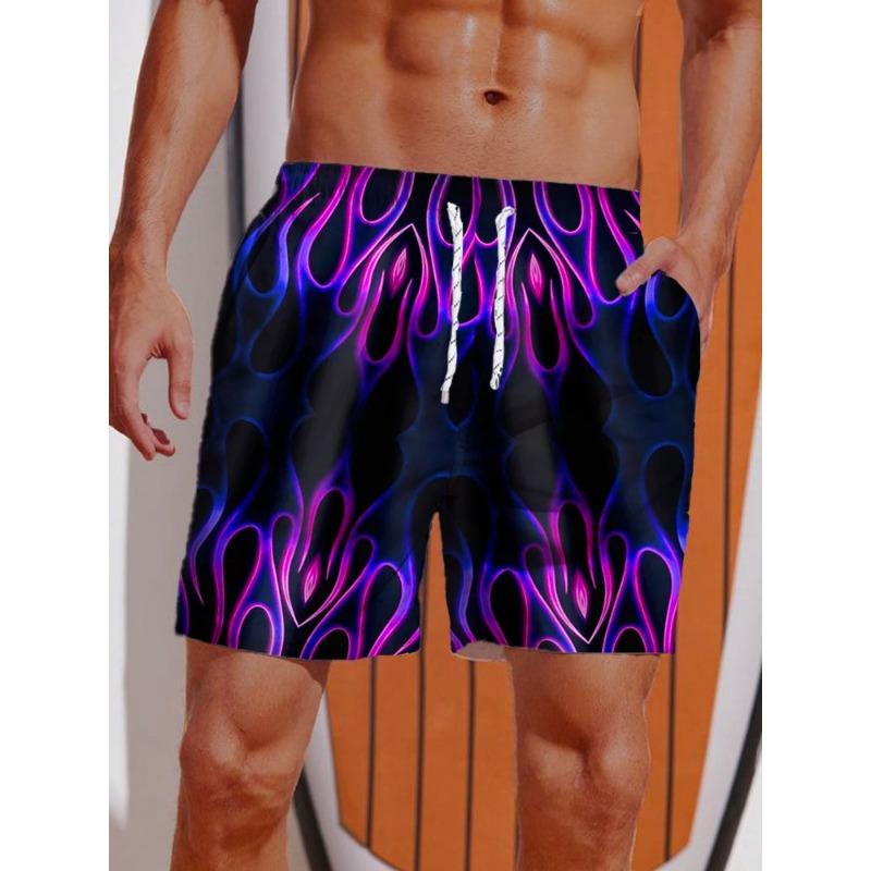 Летние 2024 Мужские шорты 3D-принт Полосатый Принт Пламя Board Shorts Купальные шорты На шнурке Дышащие Короткие Гавайские шорты