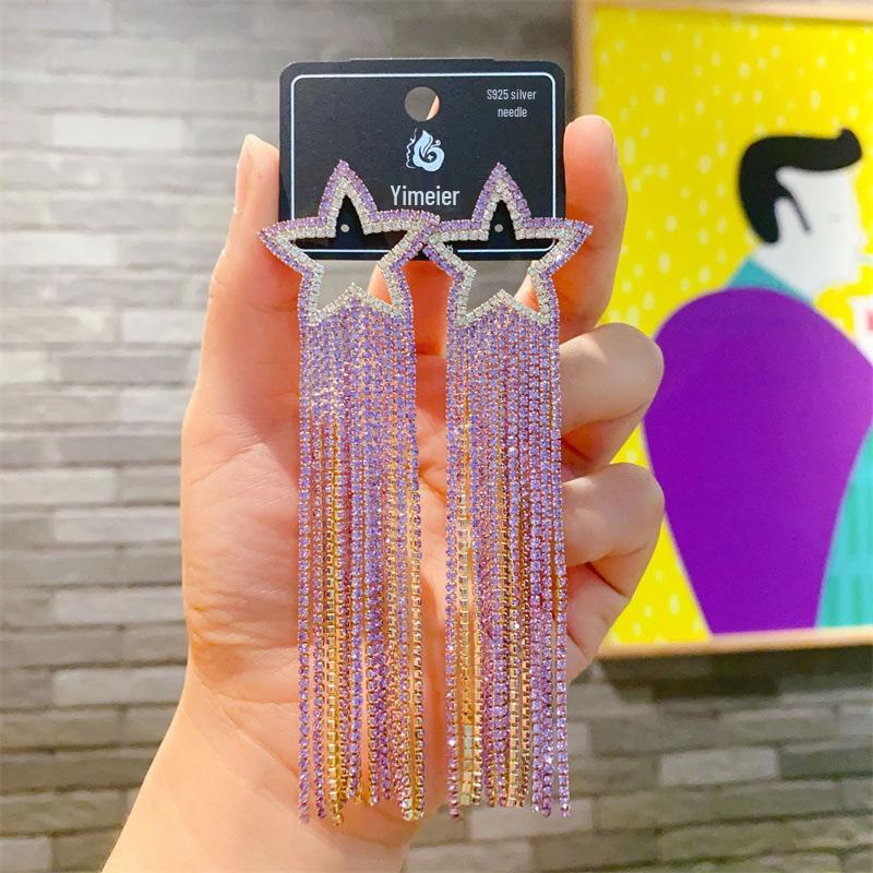 S925 Silver Needle Rhinestone Tassel Earrings - Exquisite Long Claw Chain with Colored Diamonds, European & American Style