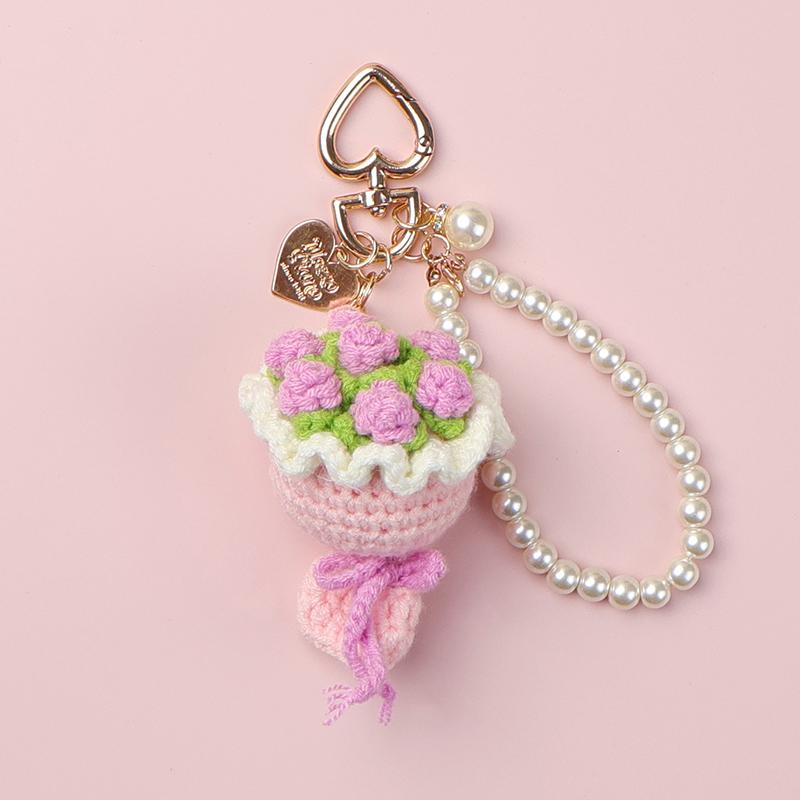 1Pcs Cute Sweet Multi Colored Yarn Knitting Hand-Held Flower Pendant Ornaments Charm Car Key Ring Backpack Decor for Girls Gift