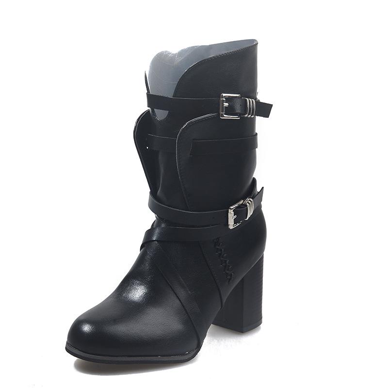 2021 Autumn/Winter Plus Size Chunky Heel Lace-up Women's Leather Boots