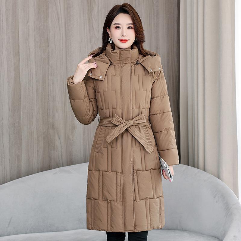 Down cotton jacket women's 2025 winter new Korean cotton jacket waist-cinched mid-length thickened slimming hooded jacket