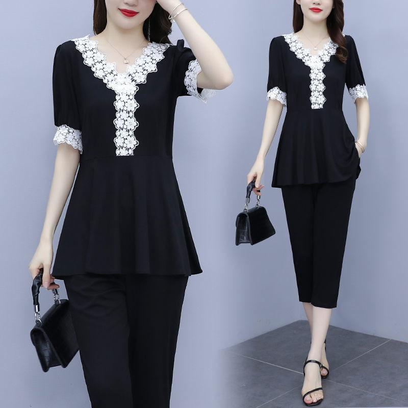 

Fashion Large Size Fat Suit for Women Summer Temperament Belly-covering Lace Top Two-piece Set 5XL чорний