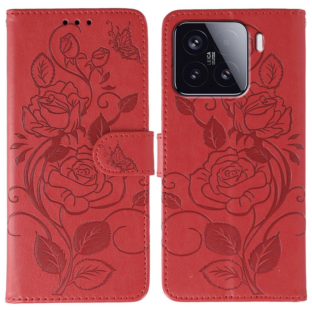 For Xiaomi 15 Case Wallet Stand Imprinted Rose Butterfly PU Leather Phone Cover