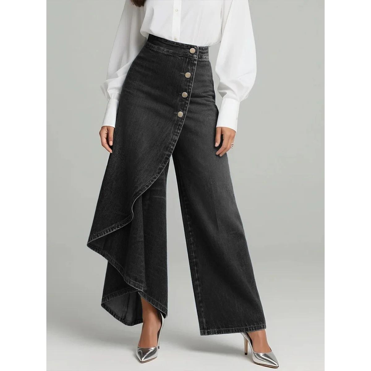 Women s Mid Rise Wide Leg Jeans Straight Fit Asymmetric Ruffle Button Casual Denim Trousers S