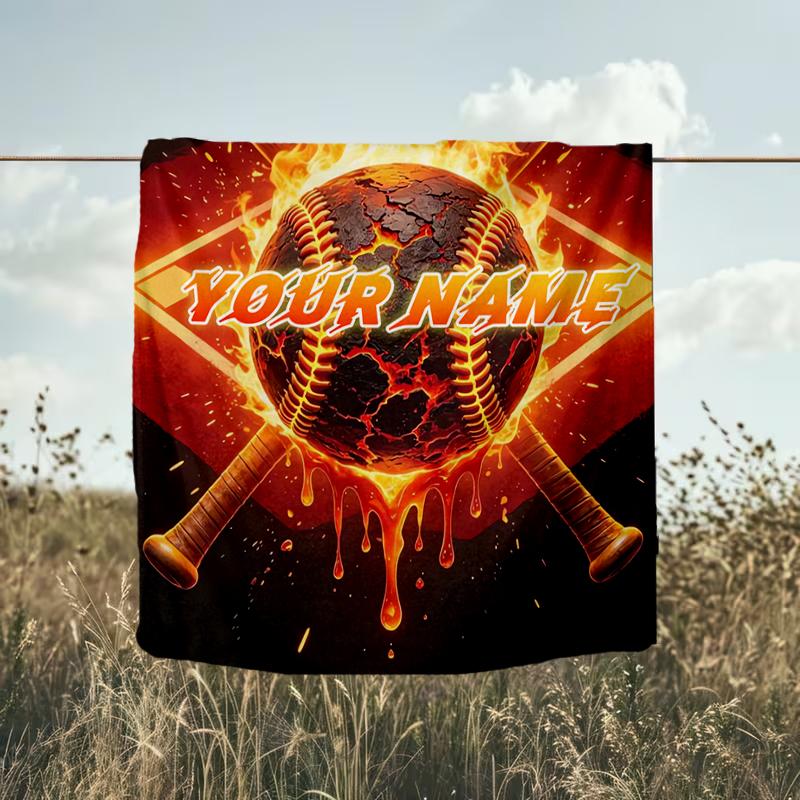 1PC Custom Name "Fiery Baseball Emblem" Outdooor Flannel Blankets Throw Blanket All-Season Throw Gift Bedspread for Couch, Bed, Camping Holiday Birthd