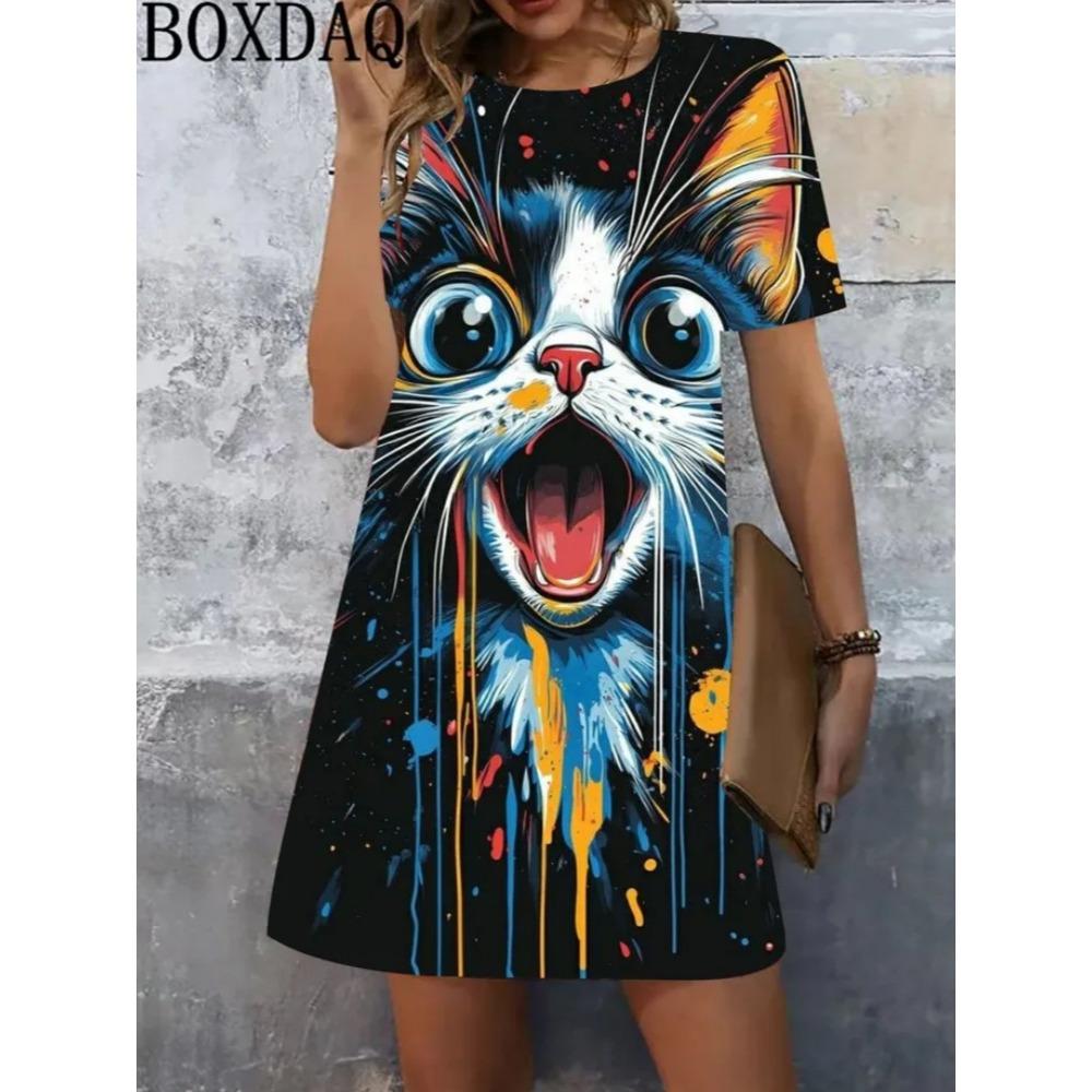 Robe d'été courte à manches courtes imprimée, motif animal créatif et amusant de dessin animé, grande taille, décontractée, confortable, douce pour femme