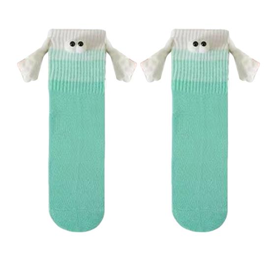 1 Pair Christmas Couple Socks Magnetic Hands Cartoon Deer Snowman Design Long Socks Soft Breathable Xmas Socks