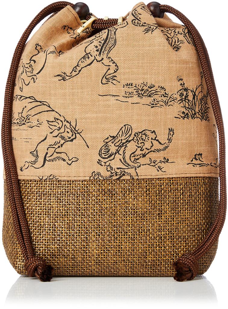 Maruzen Shingen 20 x 7 x 24 drawstring bag Ajiro-style bag, Choju-giga (animal caricatures) design, brown, cm,