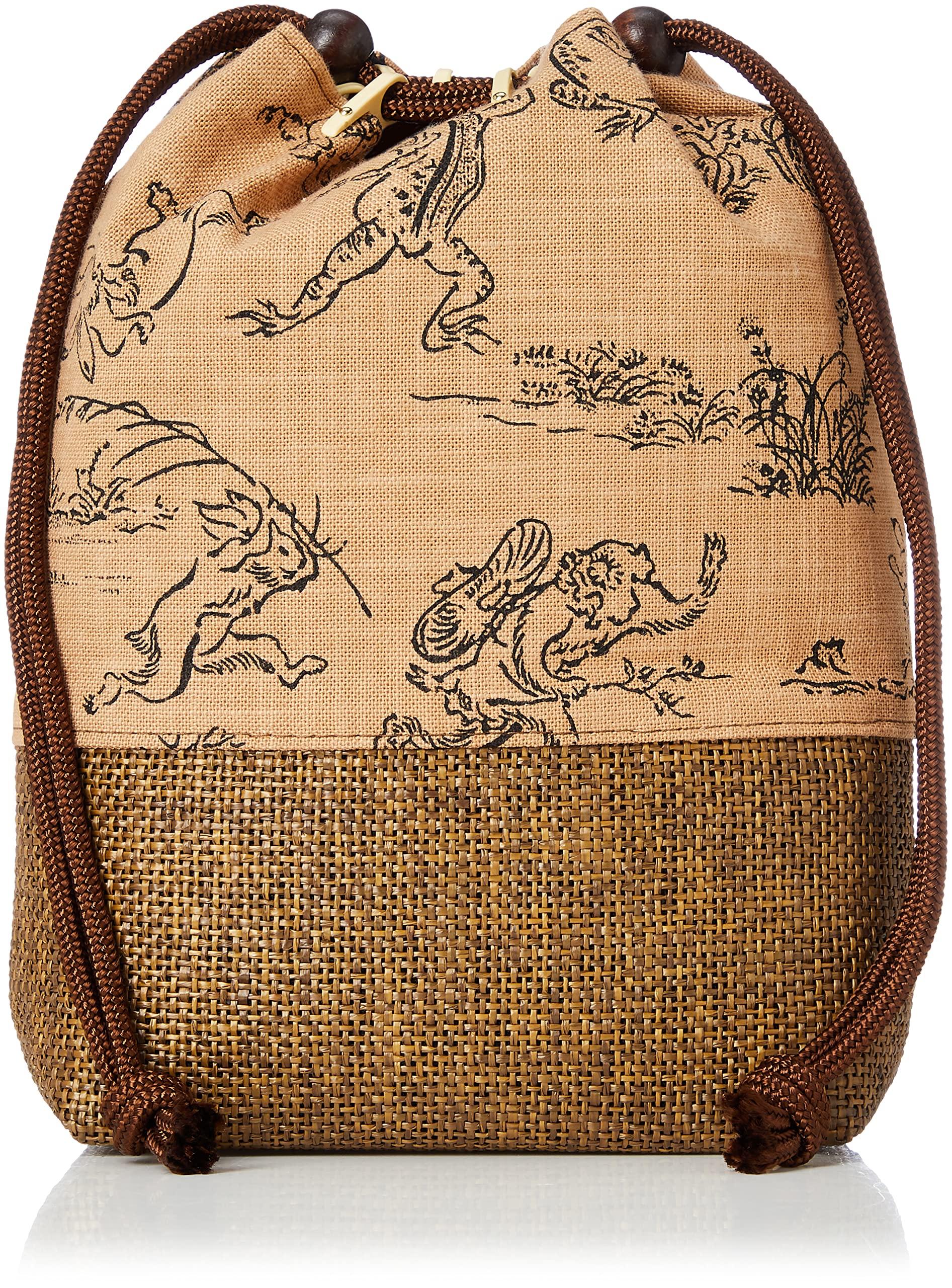 Maruzen Shingen 20 x 7 x 24 drawstring bag Ajiro-style bag, Choju-giga (animal caricatures) design, brown, cm,