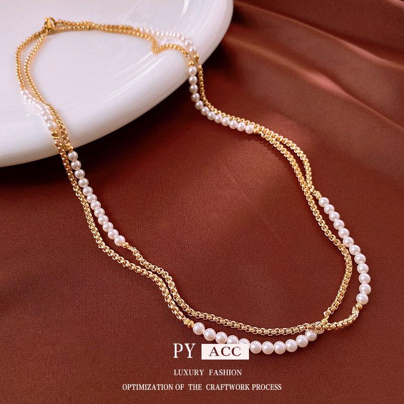 

Gold-Plated Pearl Double-Layer Necklace – French Vintage High-End Clavicle Chain Luxury Jewelry